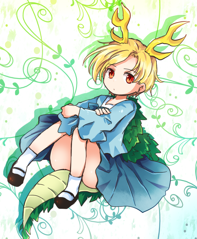 1girl :o arm_rest arms_on_knees bangs blonde_hair blue_shirt blue_skirt bobby_socks brown_footwear convenient_leg dragon_girl dragon_horns drop_shadow dutch_angle eyebrows_visible_through_hair floral_background horns kicchou_yachie knees_up long_sleeves looking_at_viewer plant pote_(ptkan) red_eyes shirt short_hair sitting skirt slit_pupils socks solo swept_bangs tail touhou turtle_shell vines white_background white_legwear