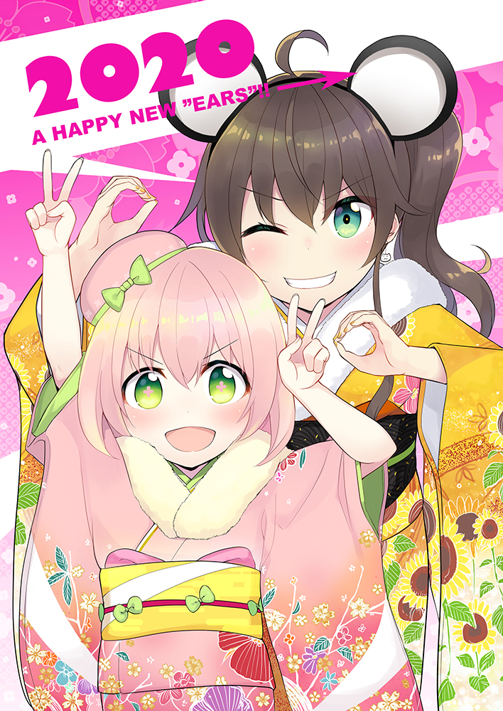 2020 2girls ahoge animal_ears arms_up black_hairband blush bow brown_hair character_request commentary_request directional_arrow double_v fake_animal_ears floral_background floral_print flower-shaped_pupils green_bow green_eyes grin hair_bow hair_bun hairband happy_new_year hololive japanese_clothes kimono long_hair long_sleeves looking_at_viewer minamura_haruki mouse_ears multiple_girls natsuiro_matsuri nengajou new_year obi pink_kimono print_kimono sash side_ponytail smile v v-shaped_eyebrows virtual_youtuber wide_sleeves yellow_kimono