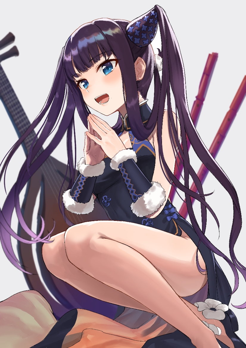 1girl bangs bare_shoulders black_dress blue_eyes blunt_bangs blush breasts china_dress chinese_clothes commentary_request detached_sleeves dress eyebrows_visible_through_hair fate/grand_order fate_(series) hair_ornament instrument jjeono large_breasts long_hair looking_at_viewer open_mouth purple_hair sidelocks smile solo thighs twintails very_long_hair yang_guifei_(fate/grand_order)