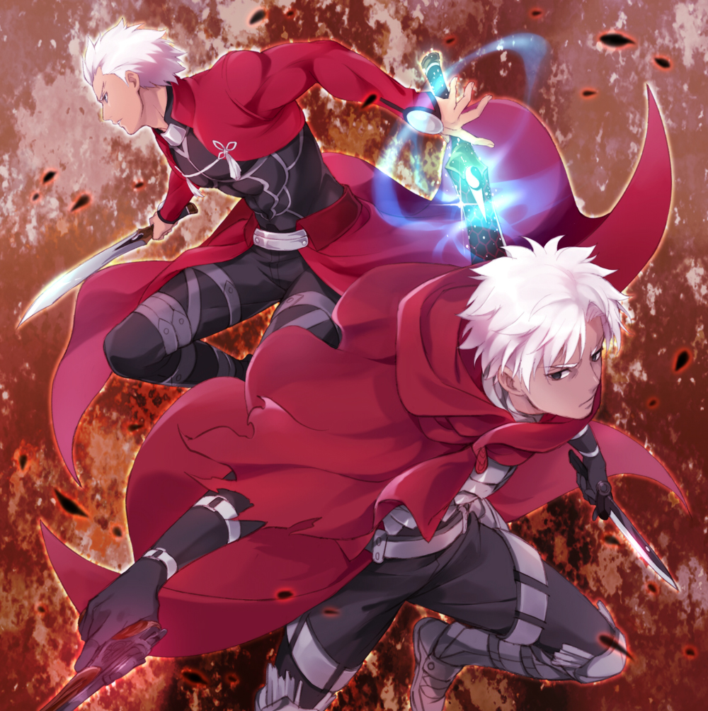 2boys archer armor bodysuit cape danemaru dark_skin dark_skinned_male dual_wielding emiya_kiritsugu emiya_kiritsugu_(assassin) fate/grand_order fate/stay_night fate/zero fate_(series) greaves gun handgun holding kanshou_&amp;_bakuya knife male_focus multiple_boys thompson/center_contender weapon white_hair