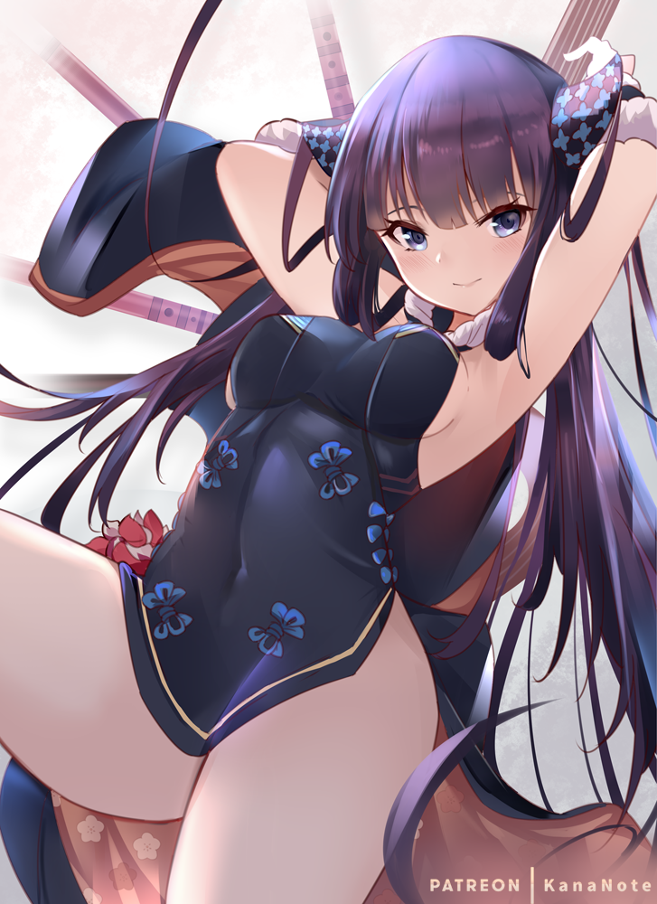 1girl armpits arms_behind_head arms_up b_b_b_b66 bangs bare_shoulders black_dress blue_eyes blunt_bangs blush breasts china_dress chinese_clothes closed_mouth covered_navel detached_sleeves dress fate/grand_order fate_(series) floral_print flute hair_ornament instrument leaning_back long_hair looking_at_viewer medium_breasts pipa_(instrument) smile solo thighs twintails very_long_hair yang_guifei_(fate/grand_order)