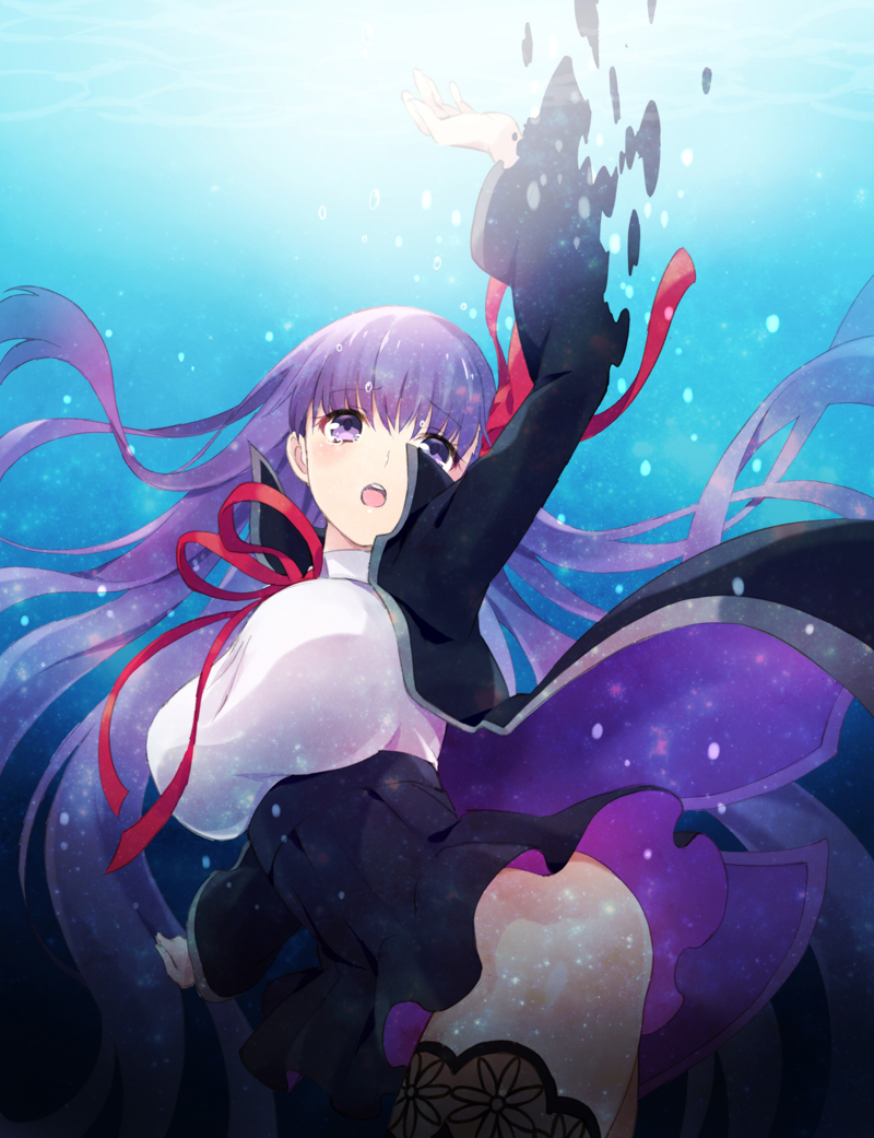 1girl bb_(fate)_(all) bb_(fate/extra_ccc) black_jacket breasts danemaru dissolving_clothes fate/extra fate/extra_ccc fate_(series) huge_breasts jacket lace lace-trimmed_legwear long_coat long_hair outstretched_hand purple_hair ribbon solo thigh-highs underwater very_long_hair violet_eyes wide_sleeves