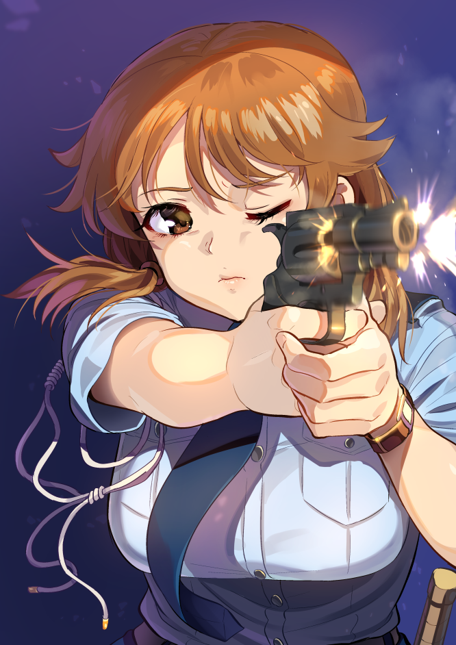 1girl breasts brown_eyes brown_hair firing gun handgun idolmaster idolmaster_cinderella_girls kamille_(vcx68) katagiri_sanae large_breasts lips muzzle_flash necktie one_eye_closed police police_uniform policewoman revolver solo uniform upper_body watch weapon