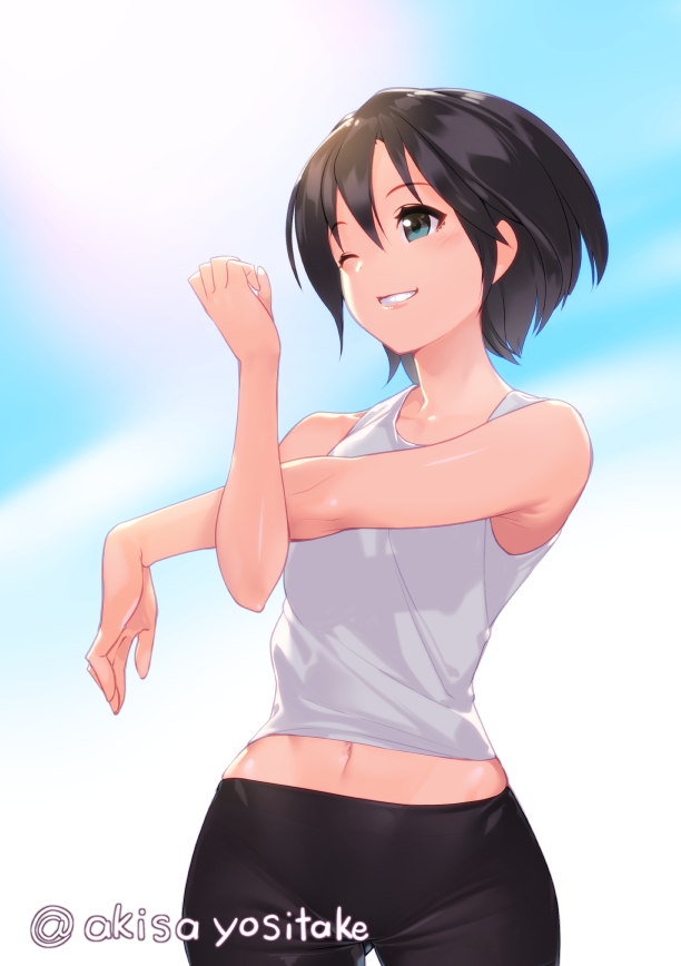 1girl ;d akisa_(12023648) aqua_eyes armpits ass_visible_through_thighs bangs bare_arms bare_shoulders bike_shorts black_hair blue_sky commentary_request day eyebrows_visible_through_hair grin navel one_eye_closed open_mouth original outdoors short_hair sky sleeveless smile solo stretch sunlight tank_top teeth twitter_username