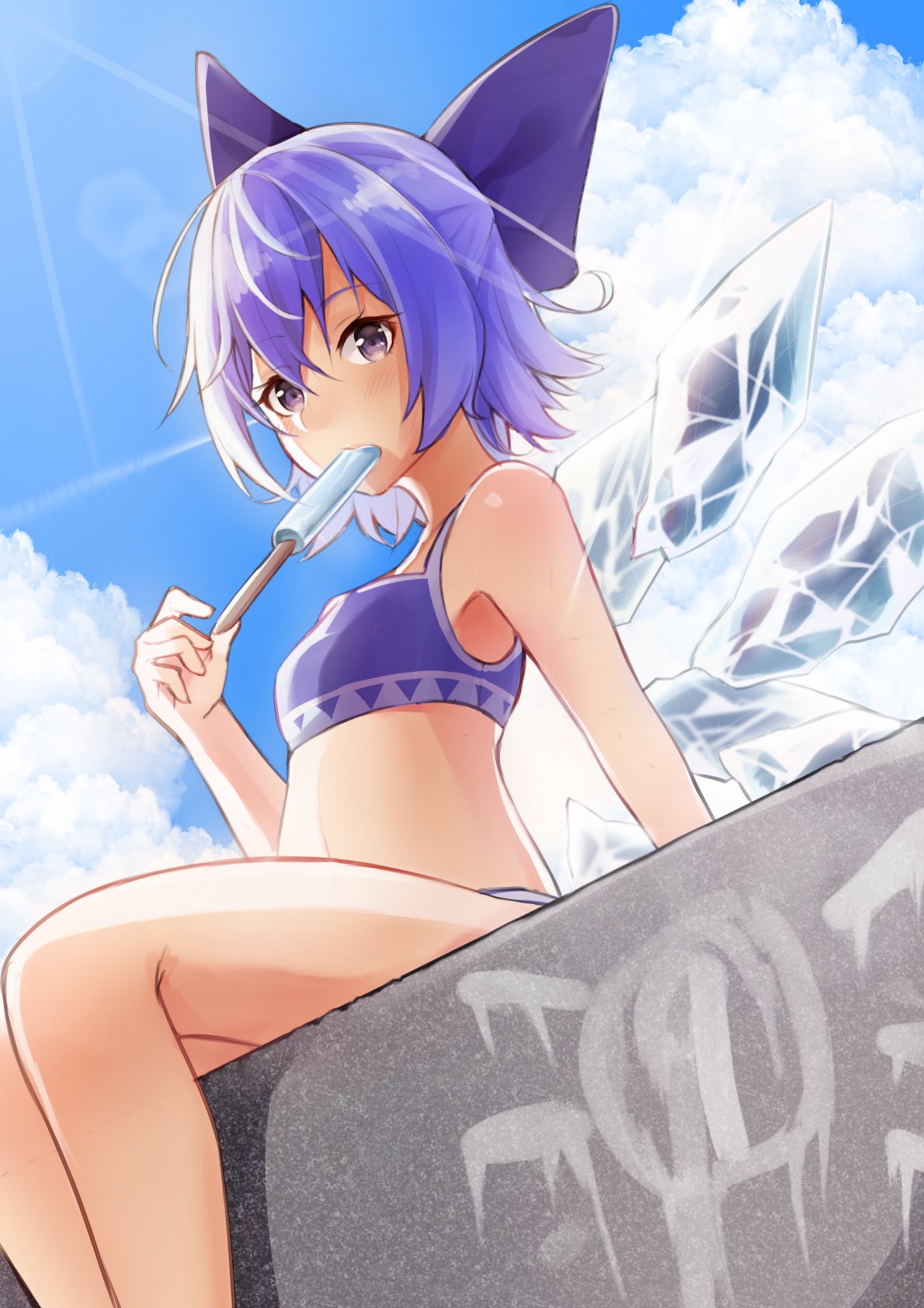 (9) 1girl bare_shoulders bikini blue_bikini blue_bow blue_hair blue_sky bow breasts cirno clouds commentary_request condensation_trail day eating food hair_bow highres ice ice_wings lens_flare looking_at_viewer outdoors paint popsicle short_hair sitting sky small_breasts solo summer sunlight swimsuit teaspoon_(teabreak_otya) touhou violet_eyes wings
