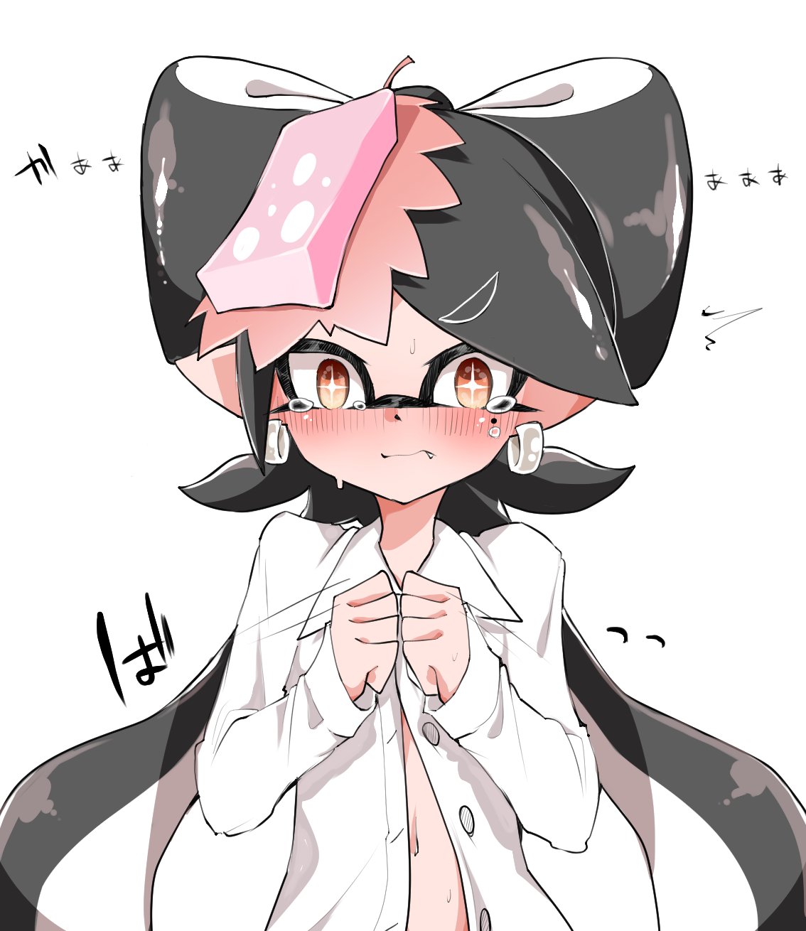 +_+ 1girl aori_(splatoon) black_hair brown_eyes closed_mouth commentary covering covering_breasts crying crying_with_eyes_open domino_mask dress_shirt earrings fang food food_on_head frown highres jewelry long_hair long_sleeves looking_at_viewer mask mole mole_under_eye motion_lines navel object_on_head pointy_ears shirt simple_background solo splatoon_(series) standing sukeo_(nunswa08) sushi sweat tears very_long_hair white_background white_shirt wing_collar