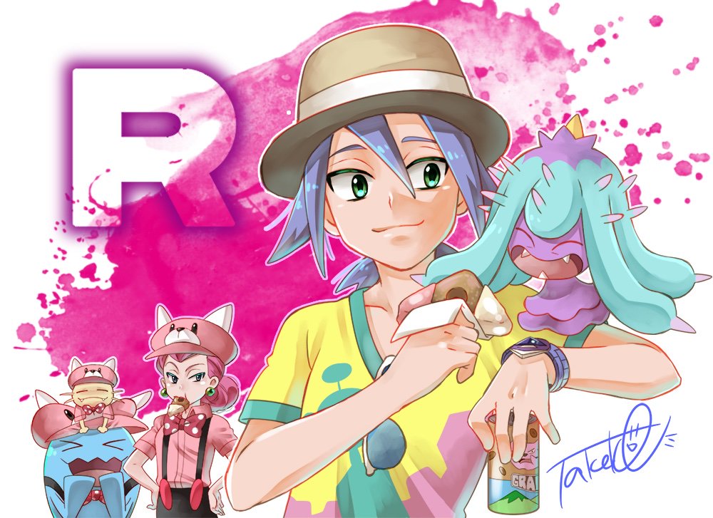 can green_eyes hat kojirou_(pokemon) mareanie meowth musashi_(pokemon) pokemon pokemon_(anime) pokemon_(creature) pokemon_(game) pokemon_sm ponytail shirt smile soda_can sunglasses t-shirt takeko0223 team_rocket z-ring