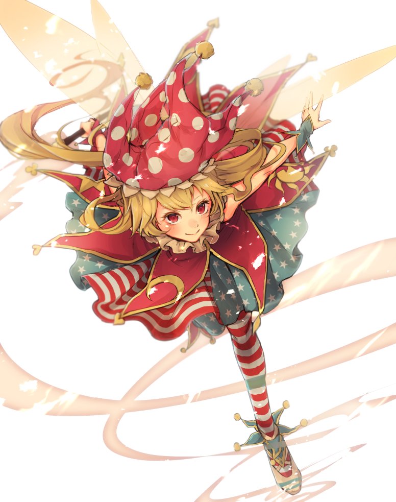 1girl american_flag_dress blonde_hair blush closed_mouth clownpiece commentary_request embellished_costume fairy_wings fire floating_hair full_body gensou_aporo hat holding jester_cap leaning_forward long_hair looking_at_viewer outstretched_arms polka_dot red_eyes red_headwear simple_background smile solo spread_arms standing standing_on_one_leg star star_print striped torch touhou transparent_wings white_background wings