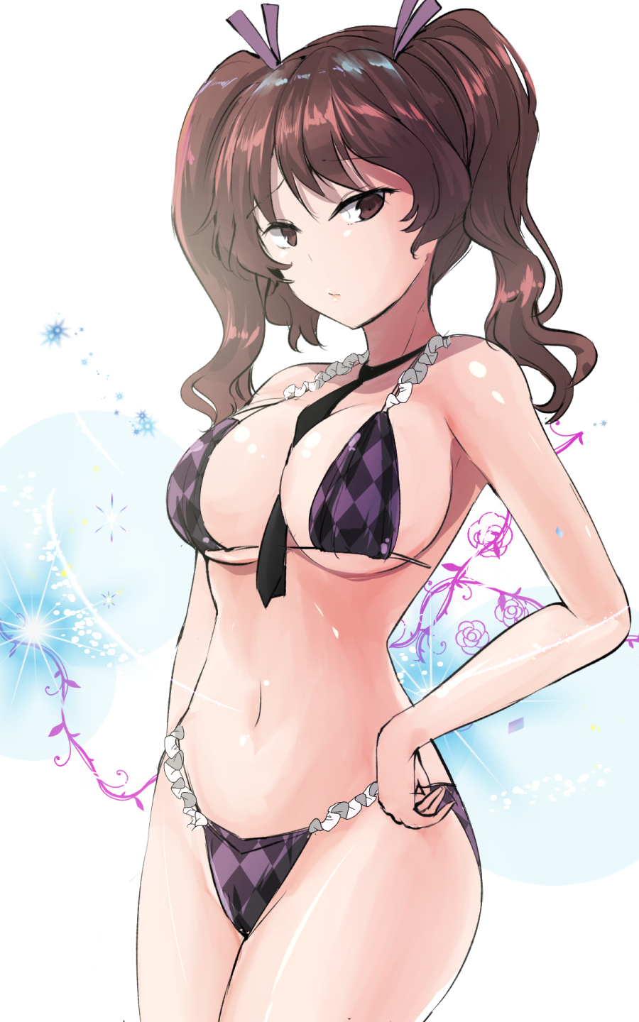 1girl bangs bare_arms bare_shoulders between_breasts bikini black_neckwear breasts brown_eyes brown_hair checkered checkered_bikini commentary_request cowboy_shot eyebrows_visible_through_hair hair_ribbon hand_on_hip highres himekaidou_hatate large_breasts long_hair looking_at_viewer navel necktie necktie_between_breasts no_hat no_headwear purple_bikini purple_ribbon ribbon solo standing stomach swimsuit thighs touhou white_background y2