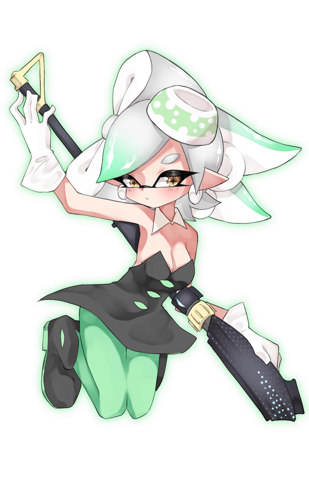 +_+ 1girl ankle_boots black_dress black_footwear boots breasts brown_eyes closed_mouth collar commentary detached_collar domino_mask dress earrings food food_on_head full_body gloves gradient_hair green_hair green_legwear hero_charger_(splatoon) highres holding holding_weapon hotaru_(splatoon) jewelry legs_up light_frown looking_at_viewer mask medium_breasts mole mole_under_eye multicolored_hair object_behind_back object_on_head pantyhose pointy_ears short_dress silver_hair solo splatoon_(series) splatoon_1 strapless strapless_dress sukeo_(nunswa08) tentacle_hair weapon white_collar white_gloves wing_collar