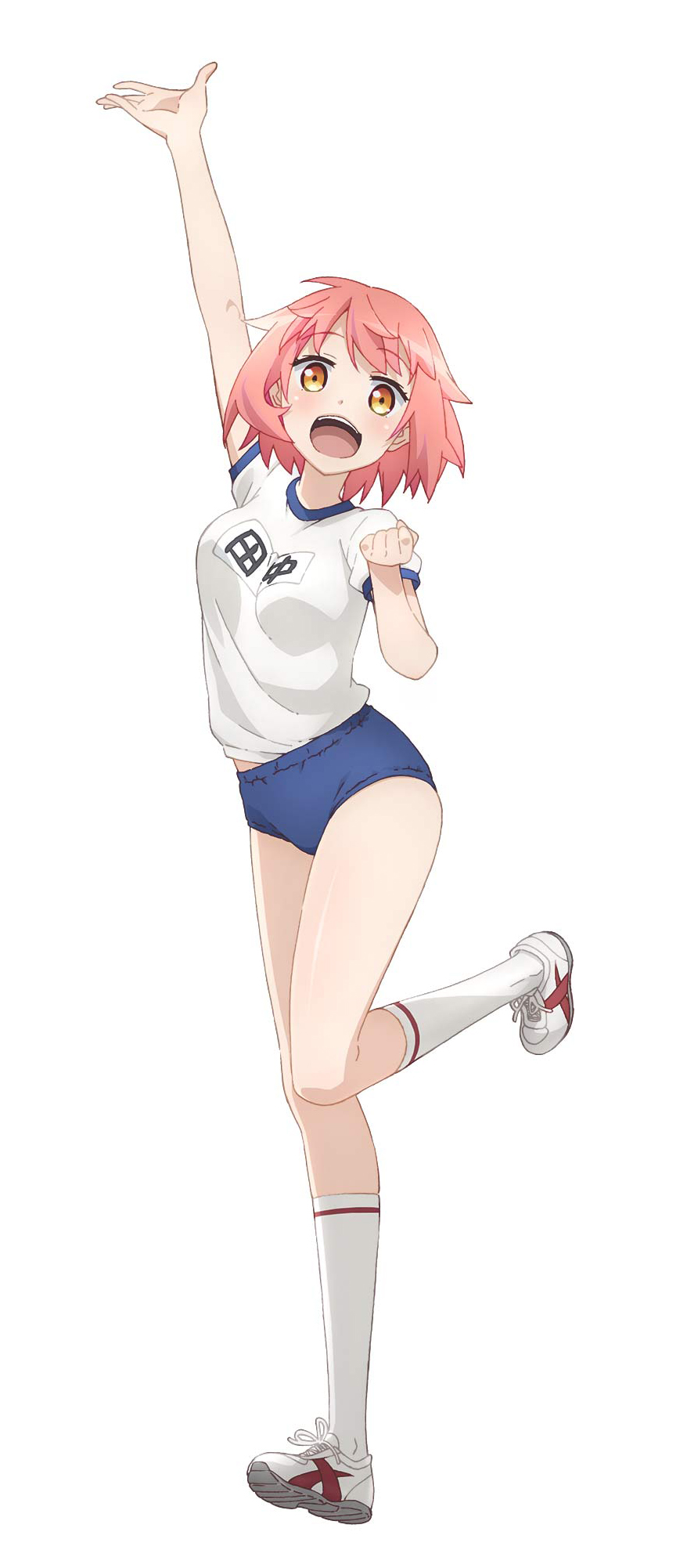 1girl :d arm_up bare_arms blue_buruma blush breasts buruma clothes_writing commentary_request fate/kaleid_liner_prisma_illya fate_(series) highres large_breasts leg_up name_tag official_art open_mouth pink_hair shirt shoes short_hair short_sleeves simple_background smile sneakers socks solo standing standing_on_one_leg tanaka_(fate) teeth upper_teeth_only white_background white_footwear white_shirt white_socks