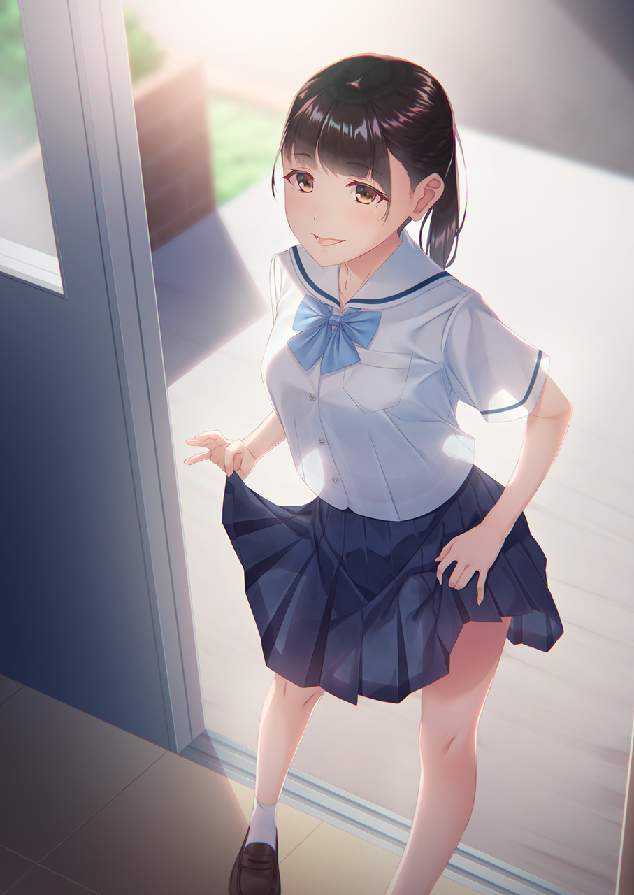 1girl :d backlighting bangs black_hair blunt_bangs blurry blush bow bowtie bra_through_clothes breasts brown_eyes chromatic_aberration depth_of_field door doorway eyebrows_visible_through_hair from_above highres kazushiki_midori loafers long_hair looking_at_viewer open_mouth original pleated_skirt ponytail school_uniform see-through see-through_silhouette serafuku shoes short_sleeves skirt skirt_hold smile socks solo standing sunlight tile_floor tiles