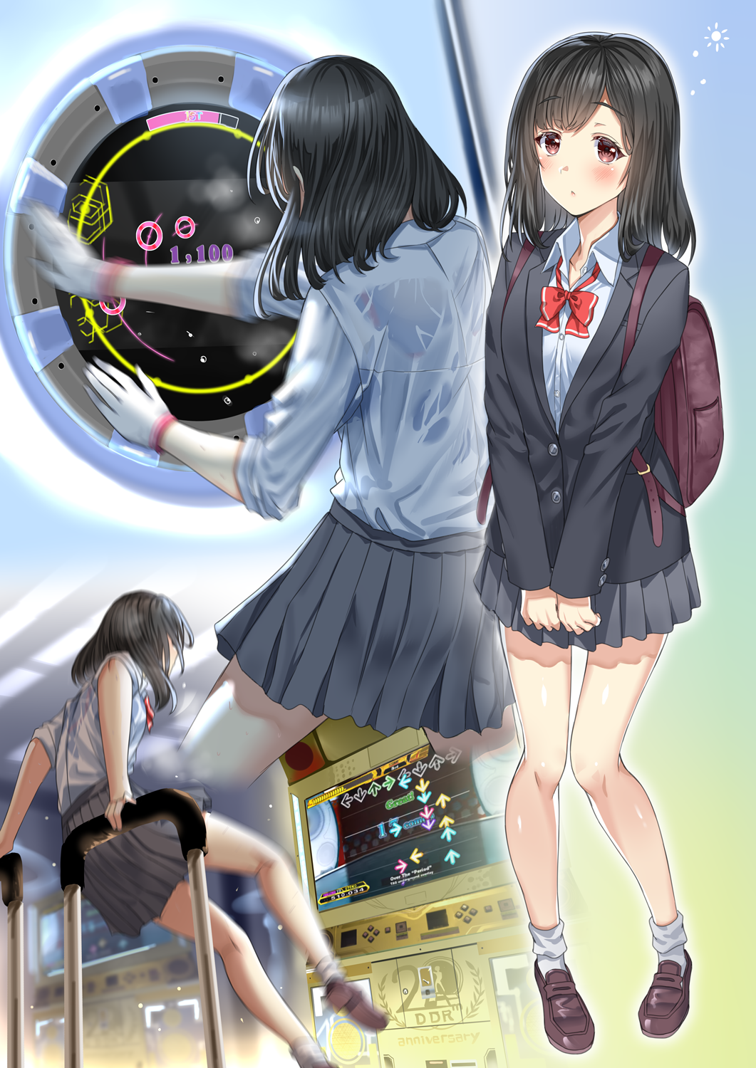 1girl aldehyde arcade arcade_cabinet back backpack bag bangs black_hair bow bowtie brown_eyes commentary_request dance_dance_revolution directional_arrow eyebrows_visible_through_hair gameplay_mechanics gloves highres knees_together_feet_apart loafers looking_at_viewer maimai_(game) medium_hair motion_blur multiple_views original playing_games pleated_skirt school_uniform see-through shoes skirt sleeves_rolled_up socks sweat wet wet_clothes white_gloves white_legwear