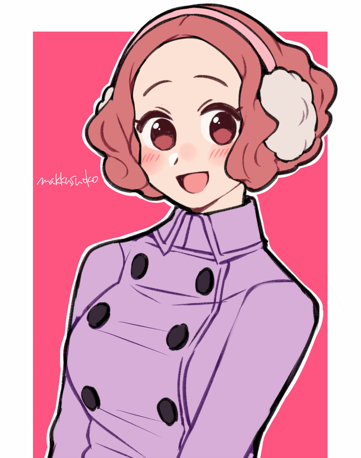 1girl :d artist_name blush brown_eyes brown_hair coat commentary_request do_m_kaeru earmuffs okumura_haru open_mouth persona persona_5 persona_5_the_royal purple_coat smile solo upper_body