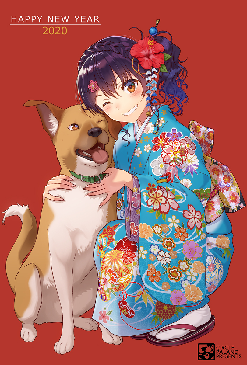 1girl 2020 ;d artist_logo bangs bell blue_kimono blush braid buckle collar commentary_request crown_braid dog eyebrows_visible_through_hair floral_print flower full_body geta grin hair_flower hair_ornament hairclip happy_new_year hibiscus highres hug japanese_clothes jingle_bell kimono looking_at_viewer new_year one_eye_closed open_mouth original pairan print_kimono purple_hair red_background red_eyes red_flower short_sleeves side_ponytail simple_background smile solo squatting tabi teeth tongue tongue_out wavy_hair white_legwear yukata
