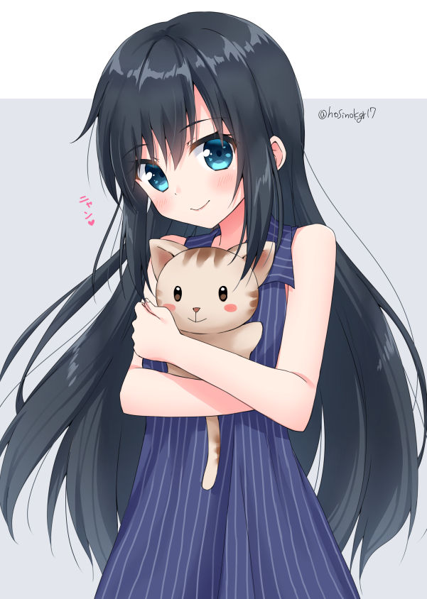 1girl asashio_(kantai_collection) bangs bare_arms bare_shoulders black_hair blue_dress blue_eyes blush closed_mouth commentary_request dress eyebrows_visible_through_hair grey_background hair_between_eyes heart hoshino_kagari kantai_collection long_hair object_hug sleeveless sleeveless_dress smile solo striped stuffed_animal stuffed_cat stuffed_toy translation_request twitter_username two-tone_background vertical-striped_dress vertical_stripes very_long_hair white_background