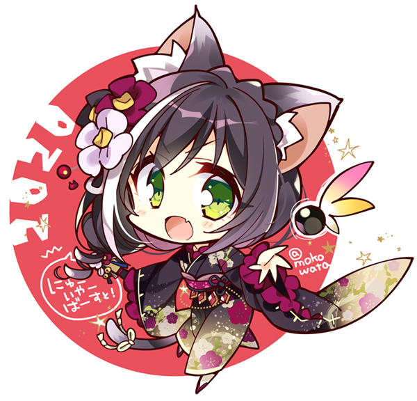 1girl 2020 animal_ear_fluff animal_ears bangs blush brown_hair cat_ears cat_tail chibi commentary_request eyebrows_visible_through_hair fang floral_print flower green_eyes hair_flower hair_ornament japanese_clothes kimono komowata_haruka kyaru_(princess_connect) looking_at_viewer multicolored_hair obi open_mouth outstretched_arm princess_connect! princess_connect!_re:dive red_background sash skin_fang solo swept_bangs tail two-tone_hair v-shaped_eyebrows white_hair