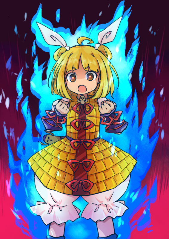 1girl :o ahoge armor armored_dress arms_up black_background blonde_hair bloomers blue_fire bright_pupils brown_eyes clenched_hands double_bun feet_out_of_frame fiery_background fire gradient gradient_background hair_ribbon haniwa_(statue) joutouguu_mayumi looking_at_viewer open_mouth pote_(ptkan) puffy_short_sleeves puffy_sleeves red_background ribbon shirt short_hair short_sleeves solo standing touhou underwear vambraces white_shirt