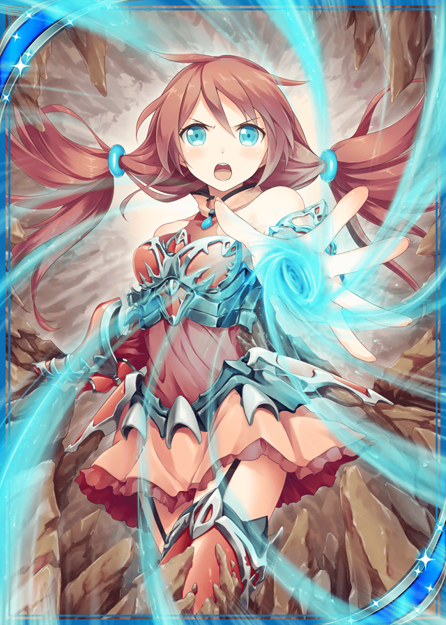 1girl akkijin bare_shoulders blowing blue_eyes breasts brown_hair card_(medium) cave indoors looking_at_viewer medium_breasts official_art open_mouth serious shinkai_no_valkyrie skirt thigh-highs twintails wind