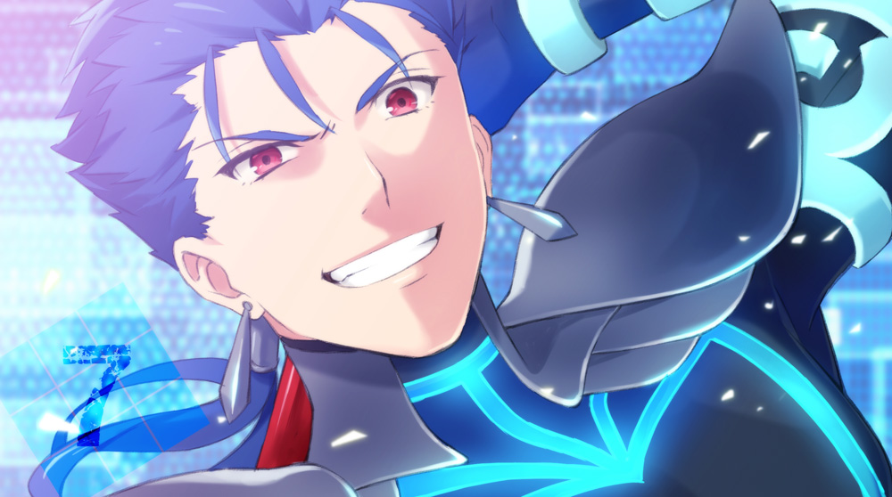 1boy blue_hair bodysuit countdown cu_chulainn_(fate)_(all) danemaru earrings fate/extra fate/grand_order fate_(series) grin jewelry lancer male_focus neon_trim one_eye_closed pauldrons ponytail red_eyes smile solo