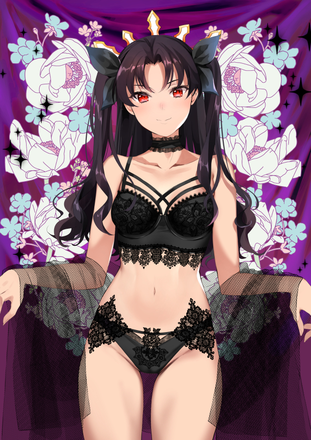 1girl bare_shoulders black_bow black_bra black_choker black_hair black_panties blush bow bra breasts choker closed_mouth collarbone cowboy_shot ereshkigal_(fate/grand_order) fate/grand_order fate_(series) groin hair_bow ice_(ice_aptx) ishtar_(fate)_(all) ishtar_(fate/grand_order) lace lace-trimmed_bra lace-trimmed_panties lingerie long_hair looking_at_viewer navel panties parted_lips red_eyes see-through small_breasts smile solo sparkle stomach two_side_up underwear underwear_only