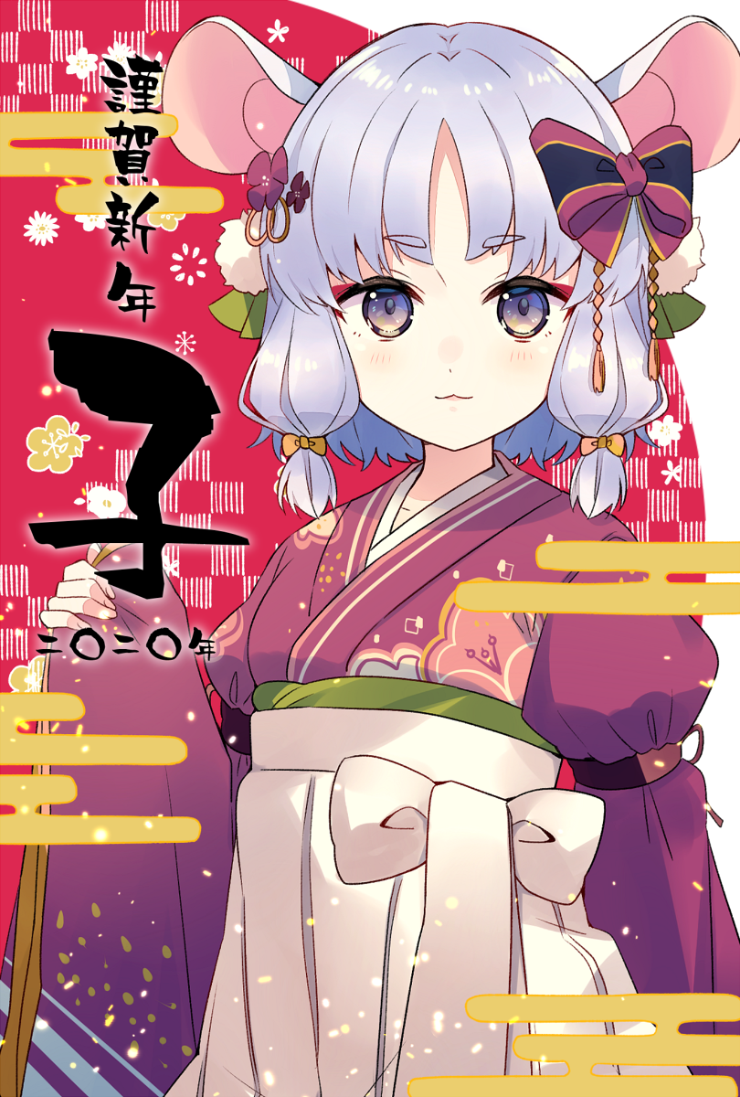 1girl animal_ears bangs blush bow brown_eyes brown_kimono chinese_zodiac closed_mouth commentary_request egasumi eyebrows_visible_through_hair floral_print flower hair_bow hair_flower hair_ornament hakama highres japanese_clothes juliet_sleeves kimono long_sleeves looking_at_viewer mouse_ears original print_kimono puffy_sleeves red_flower short_eyebrows short_hair sidelocks silver_hair sleeves_past_wrists solo striped striped_bow thick_eyebrows white_bow white_hakama wide_sleeves year_of_the_rat yellow_bow yukichi_(eikichi)