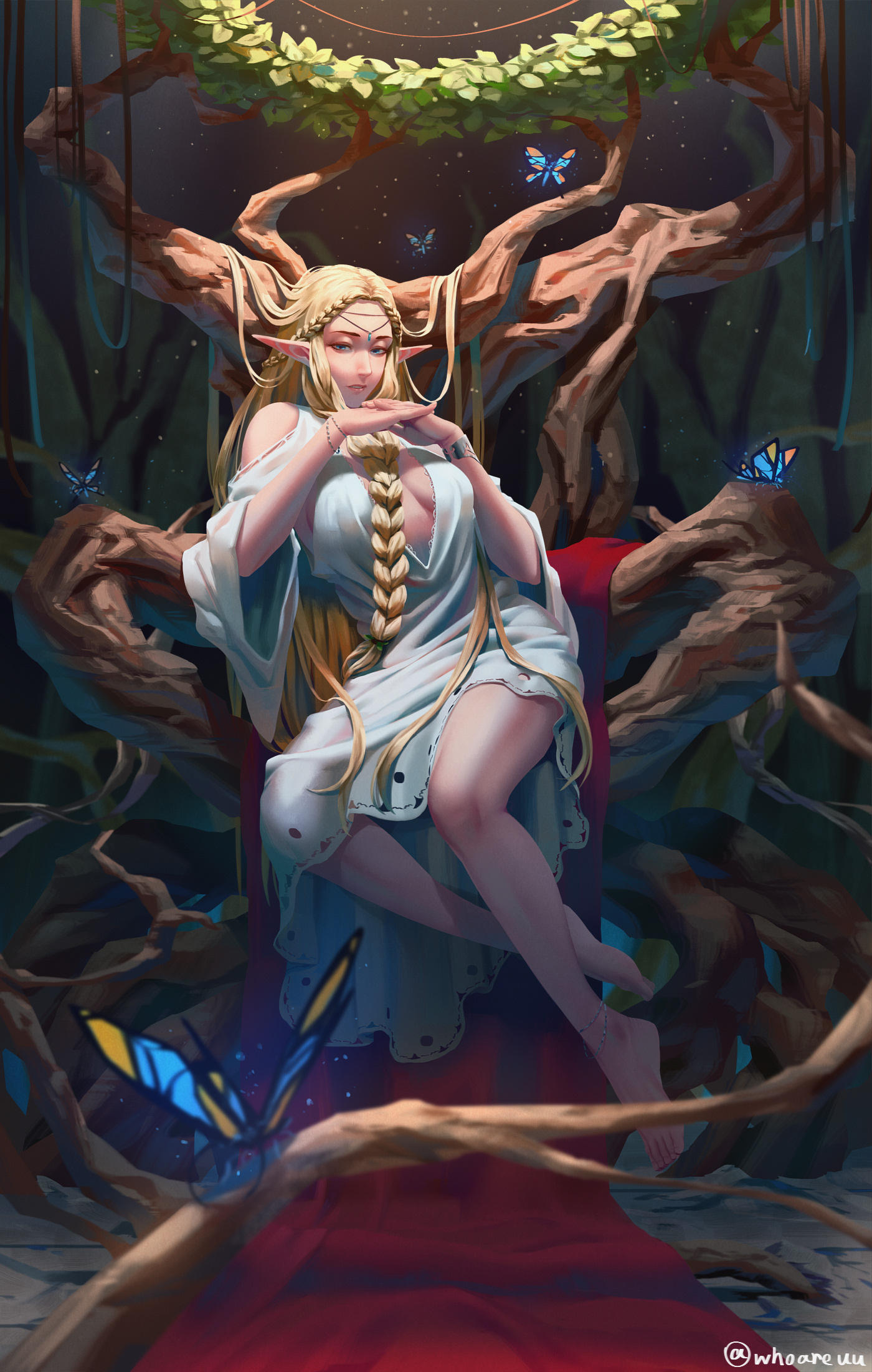 1girl anklet bangs barefoot blonde_hair blue_dress bracelet braid braided_bangs breasts bug butterfly dress elf full_body hands_together highres in_tree insect jewelry leaf long_hair long_sleeves looking_at_viewer medium_breasts original parted_bangs parted_lips pointy_ears sitting solo tree whoareuu wide_sleeves