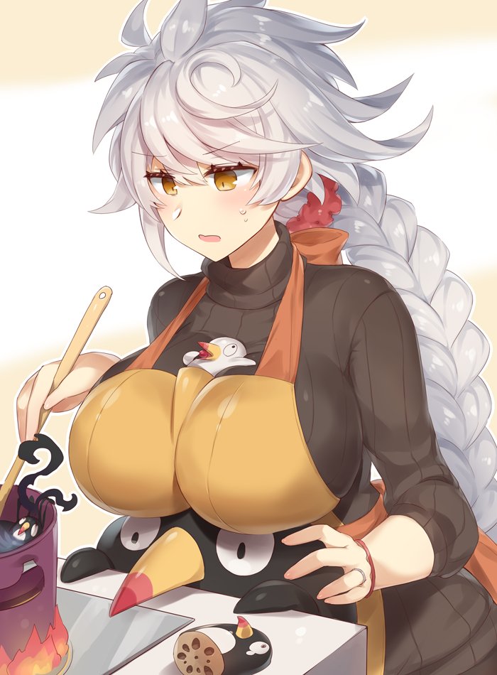1girl asymmetrical_hair black_sweater blush braid breast_press breasts casual contemporary cooking eyebrows_visible_through_hair failure_penguin hair_between_eyes hair_ornament jewelry jitome kantai_collection large_breasts long_hair looking_down open_mouth ribbed_sweater ring serious silver_hair single_braid sweater unryuu_(kantai_collection) upper_body very_long_hair wavy_mouth wedding_ring yamaarashi yellow_eyes