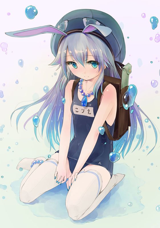1girl animal_ears anklet backpack bag beret black_swimsuit blue_eyes blue_hair blue_headwear blue_nails blush character_name closed_mouth commentary droplet full_body hat jewelry koriente long_hair looking_at_viewer name_tag necklace one-piece_swimsuit pearl_necklace puddle rabbit_ears school_swimsuit show_by_rock!! sitting smile solo swimsuit wariza water yurikuta_tsukumi
