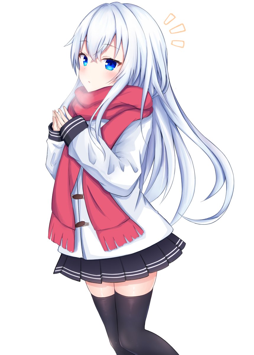 1girl black_legwear blue_eyes blush flat_cap hair_between_eyes hat hibiki_(kantai_collection) kantai_collection long_hair long_sleeves looking_at_viewer no_hat no_headwear pink_scarf pleated_skirt scarf silver_hair skirt thigh-highs tikken white_coat