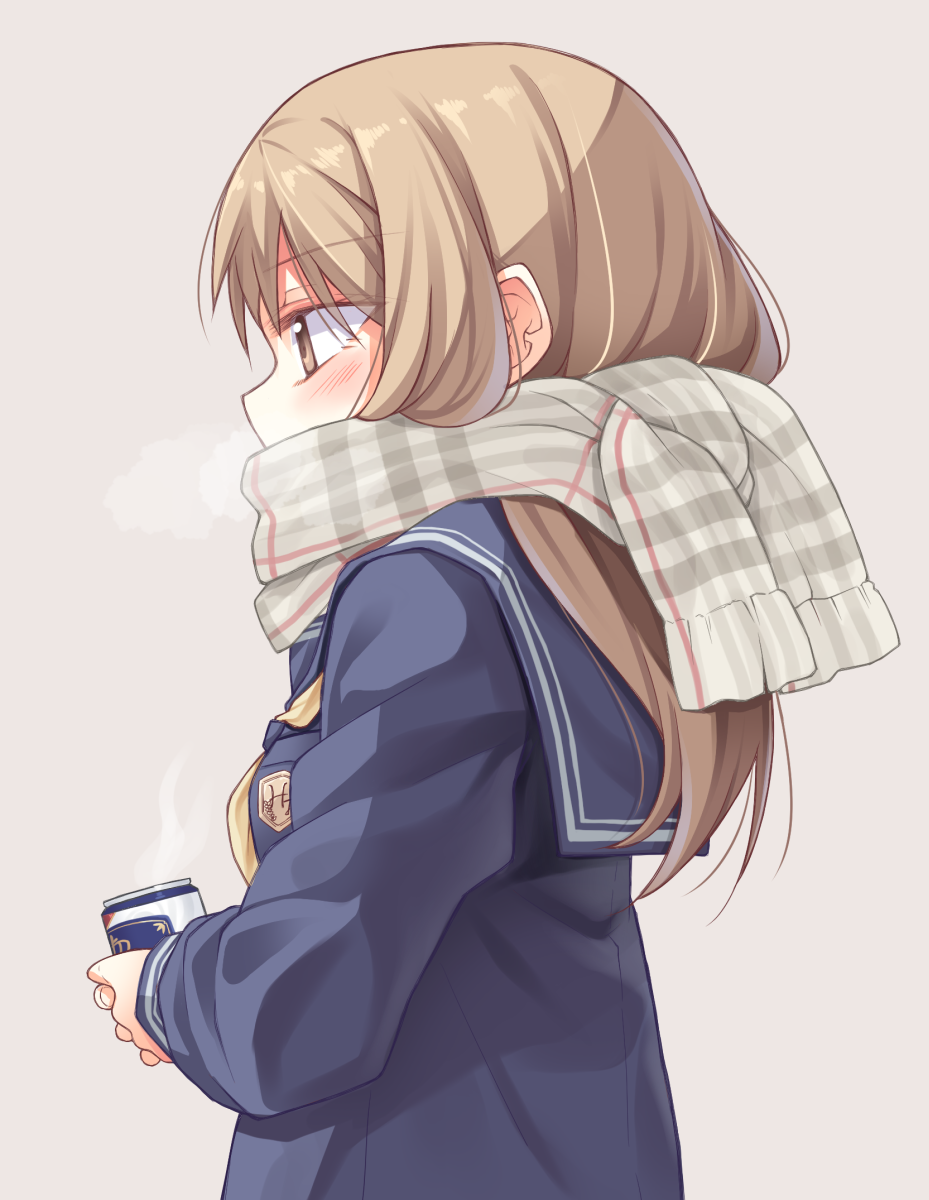 1girl bangs blue_sailor_collar blue_shirt blush breath brown_eyes brown_hair can commentary_request eyebrows_visible_through_hair grey_background grey_scarf hair_between_eyes highres holding holding_can ina_(inadahime) long_hair long_sleeves original plaid plaid_scarf profile sailor_collar scarf school_uniform serafuku shirt simple_background sleeves_past_wrists solo steam upper_body