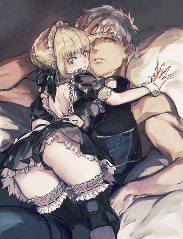 1boy 1girl archer artoria_pendragon_(all) ass back_bow black_bow black_dress black_footwear black_panties blonde_hair boots bow dress fate/stay_night fate_(series) frills grey_eyes hair_bow hand_on_own_face looking_at_viewer maid maid_headdress panties pillow saber_alter short_dress short_hair thigh-highs thigh_boots underwear white_bow white_hair wrist_cuffs yaku_(ziroken) yellow_eyes