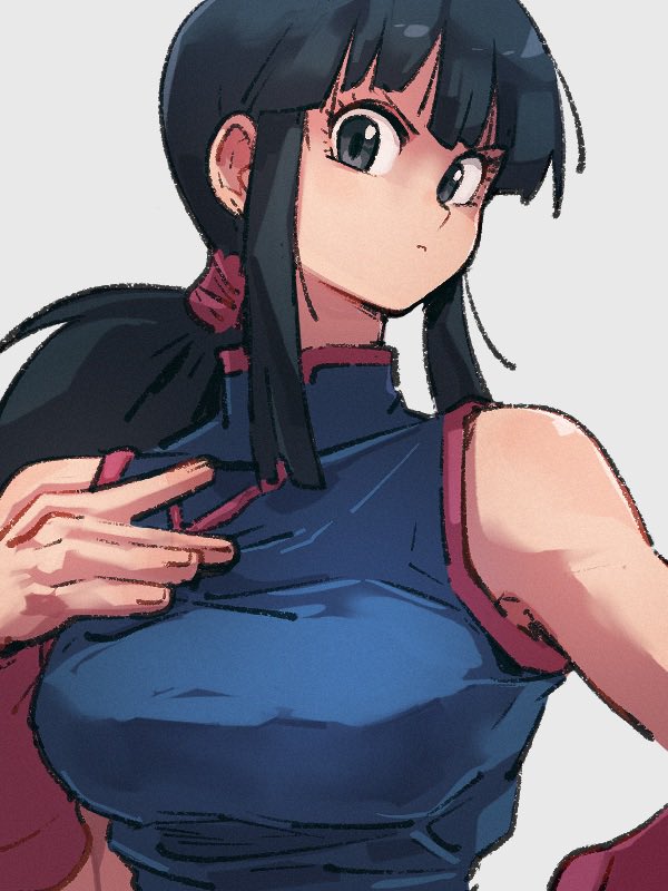 1girl black_eyes black_hair blue_dress breasts chi-chi_(dragon_ball) china_dress chinese_clothes dragon_ball dragon_ball_(classic) dress grey_background kemachiku long_hair looking_at_viewer medium_breasts ponytail simple_background solo upper_body
