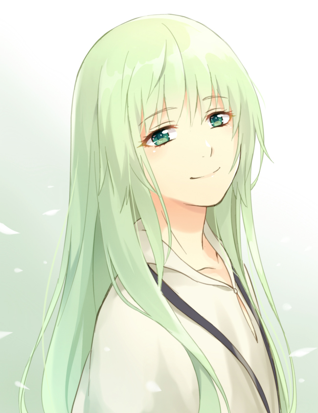 1other androgynous blush collar danemaru enkidu_(fate/strange_fake) eyelashes fate/strange_fake fate_(series) green_eyes head_tilt light_green_hair long_hair looking_at_viewer smile solo very_long_hair