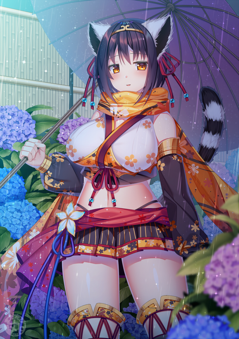 1girl animal_ears black_hair black_skirt blue_flower blurry breasts commentary_request cowboy_shot crop_top depth_of_field detached_sleeves flower highleg holding holding_umbrella hydrangea japanese_clothes large_breasts long_sleeves looking_at_viewer matatabi_maru midriff miniskirt navel orange_eyes oriental_umbrella original parted_lips pleated_skirt purple_flower rain scarf short_hair skirt solo stomach tail thigh-highs umbrella zettai_ryouiki