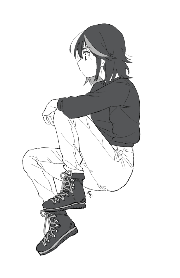 1girl alternate_costume ankle_boots arm_support black_eyes black_footwear black_hair black_sweater boots casual cross-laced_footwear elbow_on_knee expressionless eyebrows_visible_through_hair eyelashes from_side greyscale kazaya kill_la_kill lace-up_boots leg_up long_sleeves looking_away matoi_ryuuko monochrome multicolored_hair no_mouth pants pants_tucked_in profile short_hair signature simple_background solo streaked_hair sweater white_background