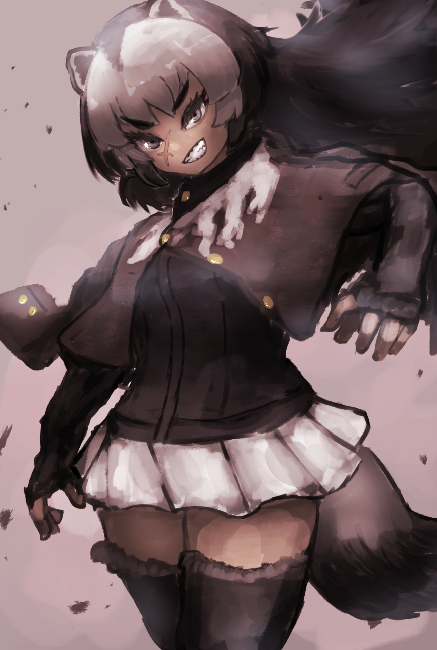 1girl adeshi_(adeshi0693119) animal_ears arm_at_side arm_up badger_ears bangs black_hair buttons dark_skin elbow_gloves eyebrows_visible_through_hair fingerless_gloves floating_hair fur-trimmed_legwear fur_trim gloves grey_eyes grey_hair grin highres jacket jacket_on_shoulders kemono_friends long_hair looking_at_viewer microskirt multicolored_hair partially_unbuttoned pleated_skirt skirt smile solo teeth thigh-highs two-tone_hair v-shaped_eyebrows white_skirt wolverine_(kemono_friends) zettai_ryouiki