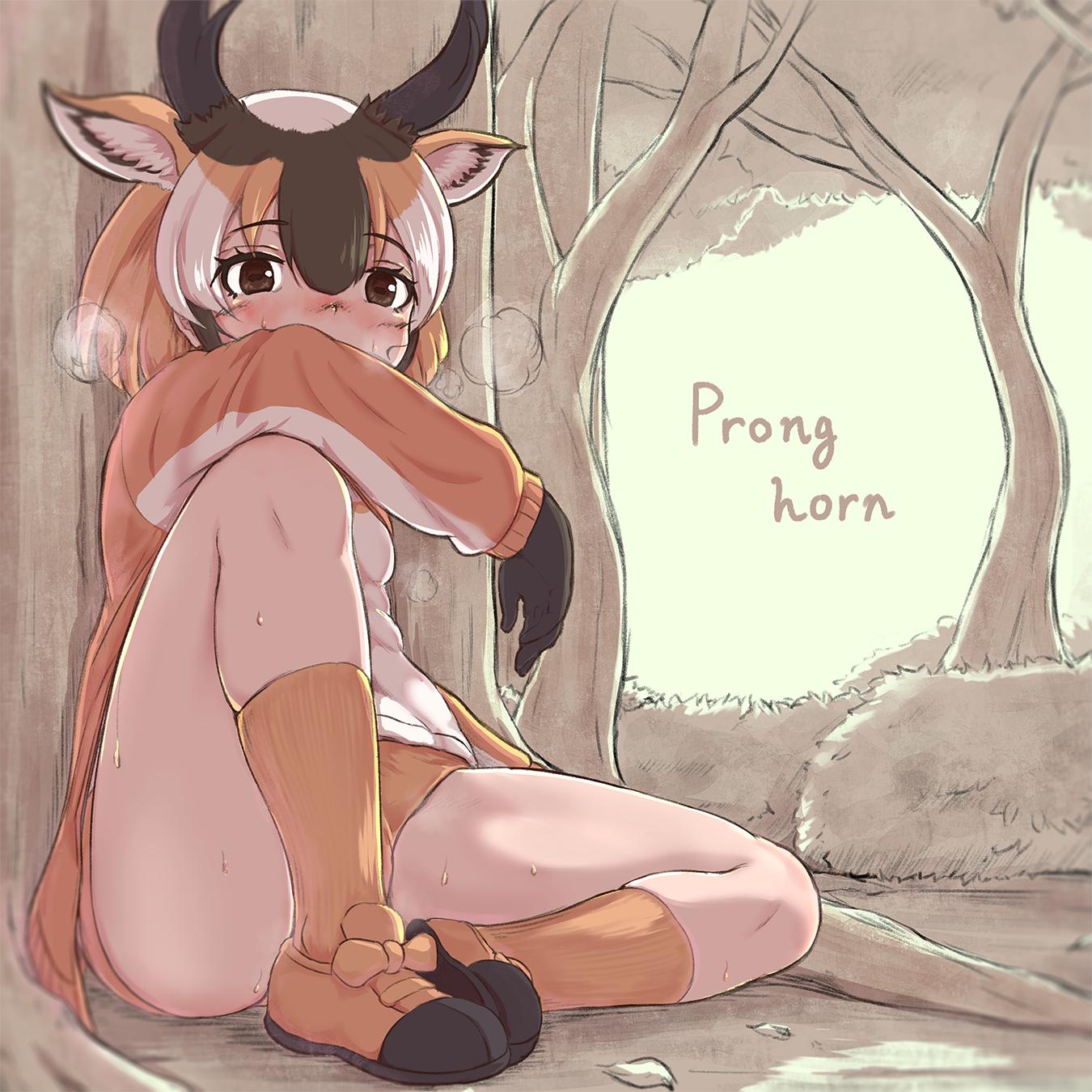 1girl animal_ears antlers arm_on_knee arm_support black_gloves blush brown_eyes character_name forest gloves heavy_breathing highres kemono_friends long_sleeves multicolored_hair nature okyao orange_footwear orange_hair orange_legwear outdoors pronghorn_(kemono_friends) shoes sitting socks solo sweat thighs