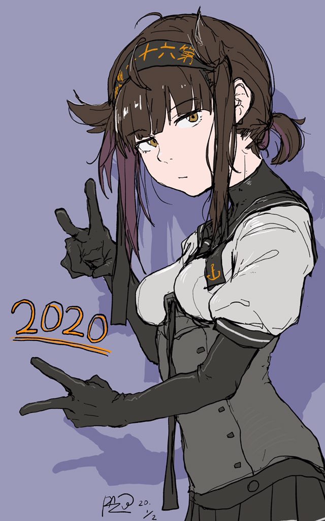 1girl 2020 black_bodysuit black_headband black_neckwear black_skirt bodysuit breasts brown_eyes brown_hair closed_mouth clothes_writing dated double_v hachimaki hair_flaps hatsuzuki_(kantai_collection) headband kantai_collection medium_breasts new_year pazuu pleated_skirt ponytail purple_background sailor_collar shadow signature simple_background skirt solo v