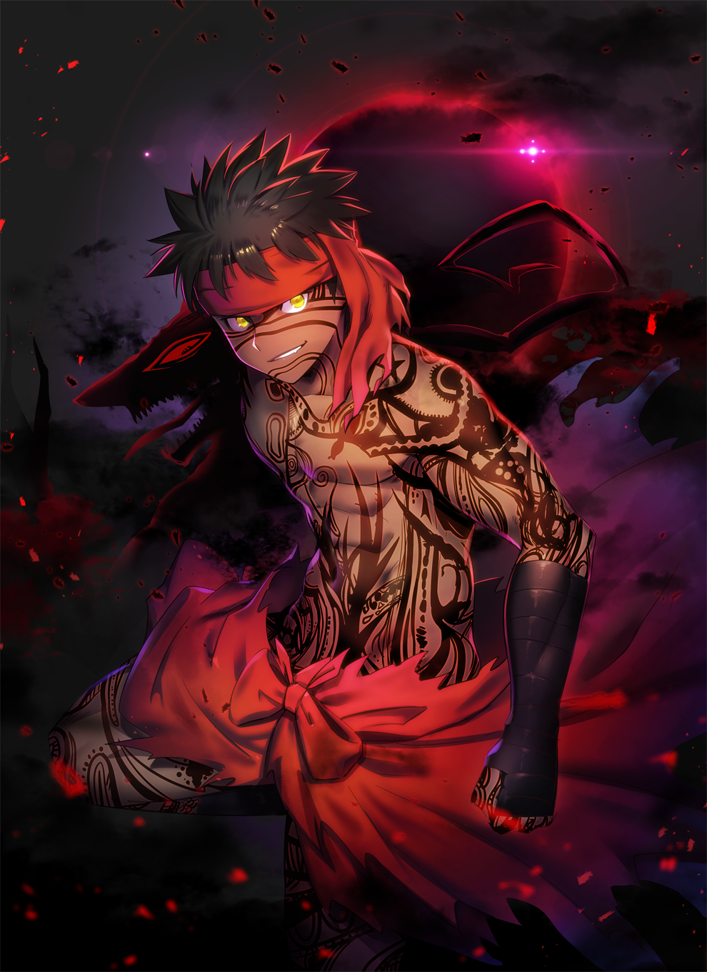 1boy avenger black_background black_hair bow cowboy_shot fate/hollow_ataraxia fate_(series) full_body_tattoo grin headband highres looking_at_viewer male_focus messy_hair monster red_bow red_headband shirtless smile solo tattoo waist_bow waku_(ayamix) yellow_eyes