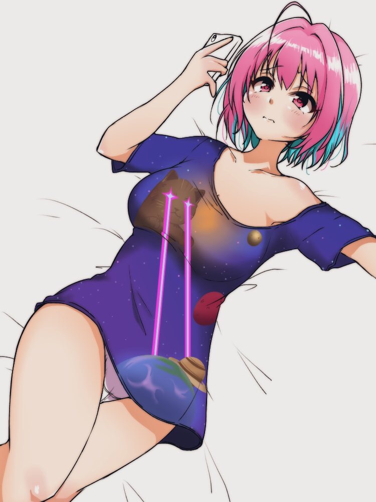 1girl ahoge bangs bed_sheet blue_hair blue_shirt blush cellphone closed_mouth commentary_request crotch_seam from_above frown hair_intakes holding holding_cellphone holding_phone idolmaster idolmaster_cinderella_girls lying multicolored_hair no_pants off_shoulder on_back on_bed panties petsuo_(penpen) phone pink_eyes pink_hair print_shirt shirt short_hair short_sleeves smartphone solo t-shirt two-tone_hair underwear white_panties yumemi_riamu