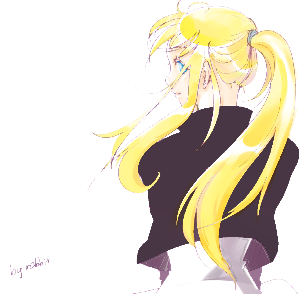 1girl artist_name bangs black_jacket blonde_hair blue_eyes blunt_bangs clothes_lift commentary earrings expressionless eyelashes from_behind fullmetal_alchemist high_ponytail jacket jewelry long_hair long_sleeves looking_at_viewer looking_back nape parted_lips ponytail profile shiny shiny_hair shirt sidelocks simple_background sleepy_(2057850) solo upper_body v_arms very_long_hair white_background white_shirt wind wind_lift winry_rockbell