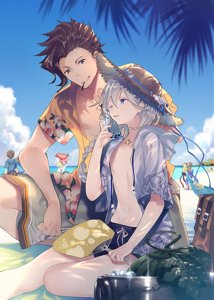 2boys bangs barefoot beach blue_eyes braid brown_eyes brown_hair clouds facial_hair fan goroo granblue_fantasy hair_between_eyes hat long_hair male_focus male_swimwear multiple_boys noa_(granblue_fantasy) ocean open_mouth outdoors pale_skin rackam_(granblue_fantasy) sand short_hair silver_hair single_braid smile sun_hat swim_briefs swimsuit swimwear water