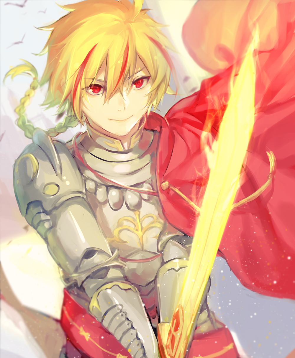 1boy armor blonde_hair braid cape excalibur fate/strange_fake fate_(series) fighting_stance fuurin glowing glowing_sword glowing_weapon highres male_focus multicolored_hair red_cape red_eyes saber_(fate/strange_fake) single_braid smile solo streaked_hair weapon