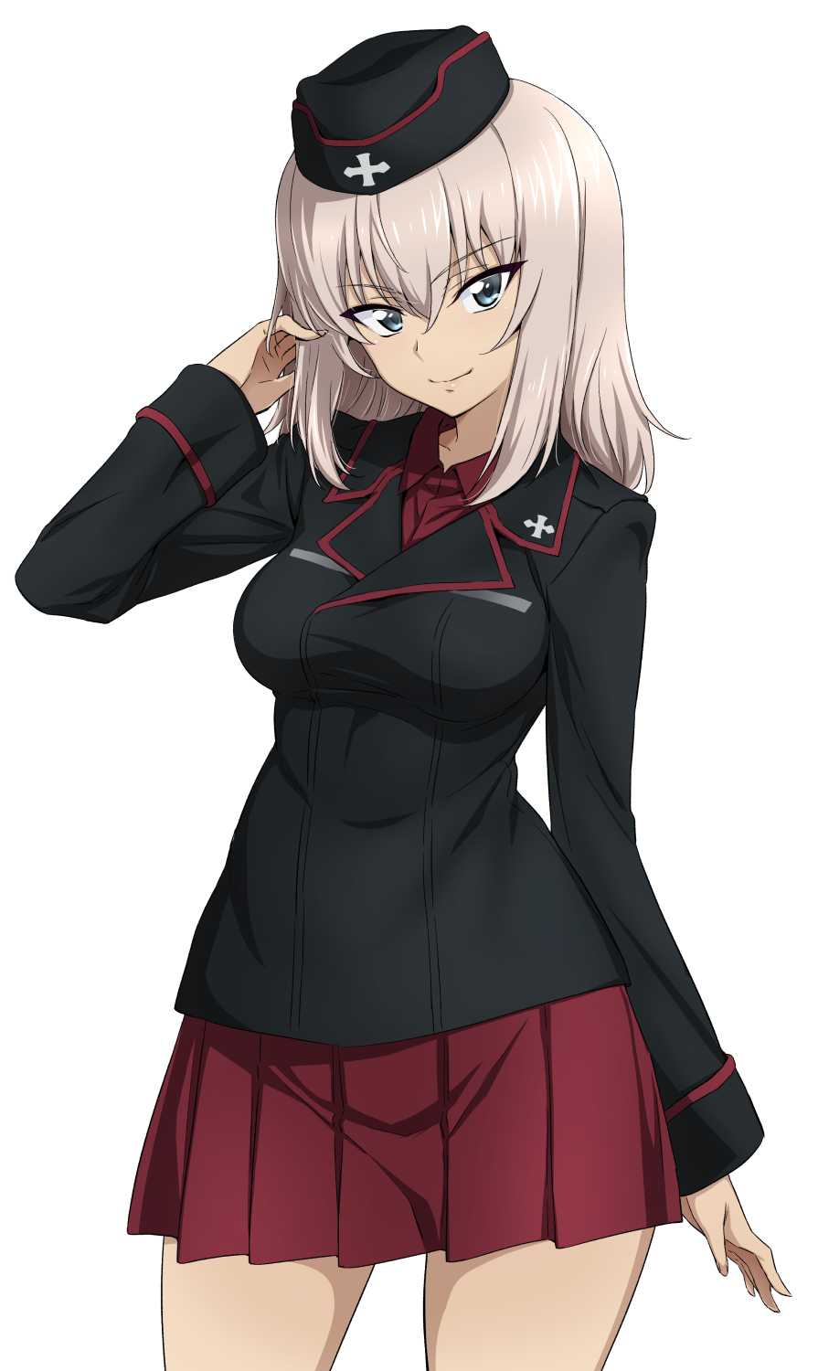 1girl bangs black_headwear black_jacket blue_eyes closed_mouth commentary_request cowboy_shot dress_shirt eyebrows_visible_through_hair garrison_cap girls_und_panzer hand_in_hair hat highres insignia itsumi_erika jacket kuromorimine_military_uniform long_sleeves looking_at_viewer medium_hair military military_hat military_uniform miniskirt nakahira_guy partial_commentary pleated_skirt red_shirt red_skirt shirt silver_hair simple_background skirt smile solo standing uniform white_background wing_collar