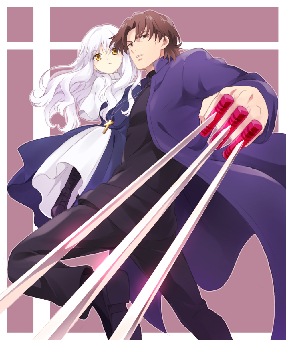 1boy 1girl between_fingers black_keys caren_hortensia carrying cassock cross cross_necklace danemaru fate/hollow_ataraxia fate/stay_night fate_(series) father_and_daughter jewelry kotomine_kirei long_hair necklace time_paradox white_hair yellow_eyes
