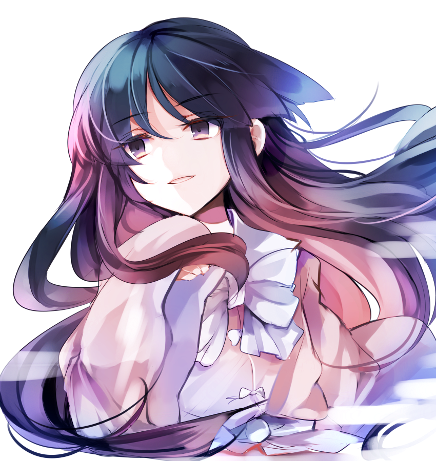 1girl bangs bow collared_shirt hand_up houraisan_kaguya kutsuki_kai long_hair long_sleeves looking_to_the_side open_mouth pink_shirt purple_hair shirt sleeves_past_wrists solo touhou upper_body very_long_hair violet_eyes white_background white_bow white_neckwear wide_sleeves