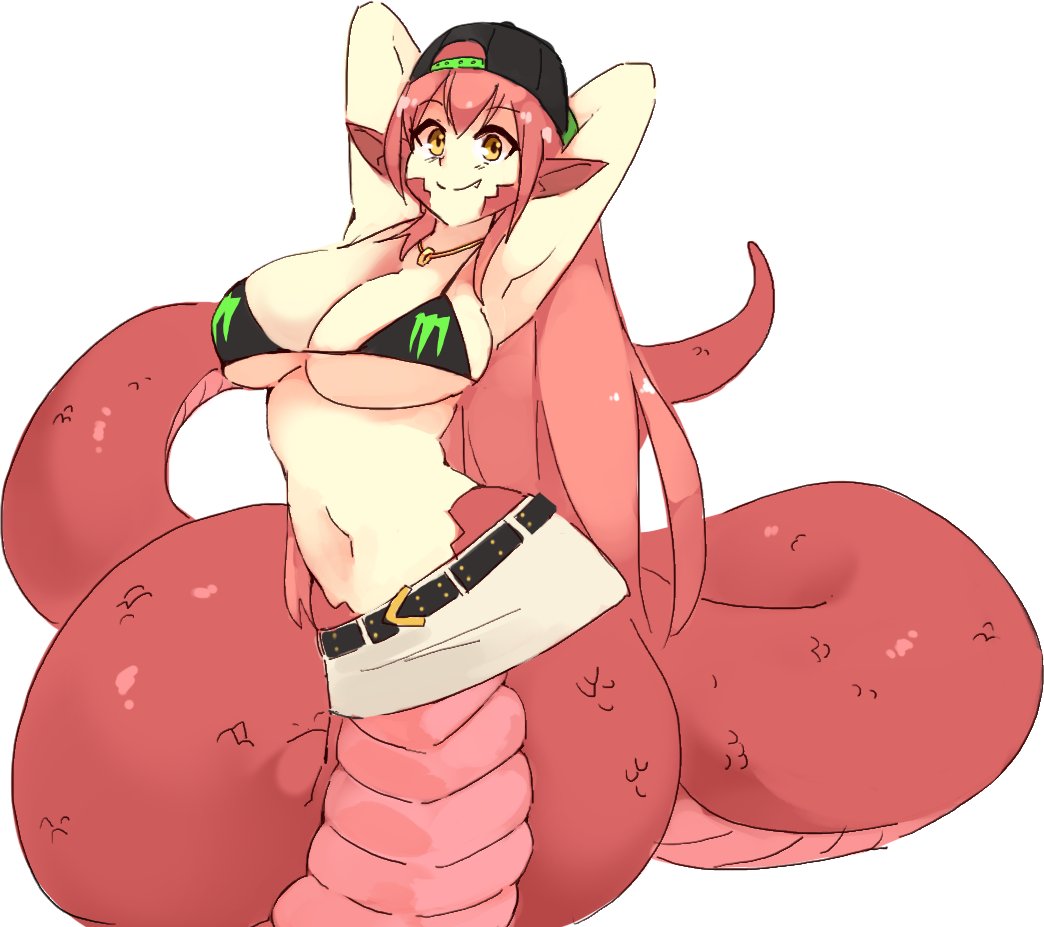 1girl armpits arms_behind_head bare_shoulders belt belt_buckle bikini_top blush breasts buckle commission eyebrows_visible_through_hair fang fang_out hair_between_eyes jewelry lamia large_breasts long_hair miia_(monster_musume) miniskirt monster_energy monster_girl monster_musume_no_iru_nichijou navel necklace pointy_ears redhead rtil scales sidelocks simple_background skirt smile solo tail white_background yellow_eyes