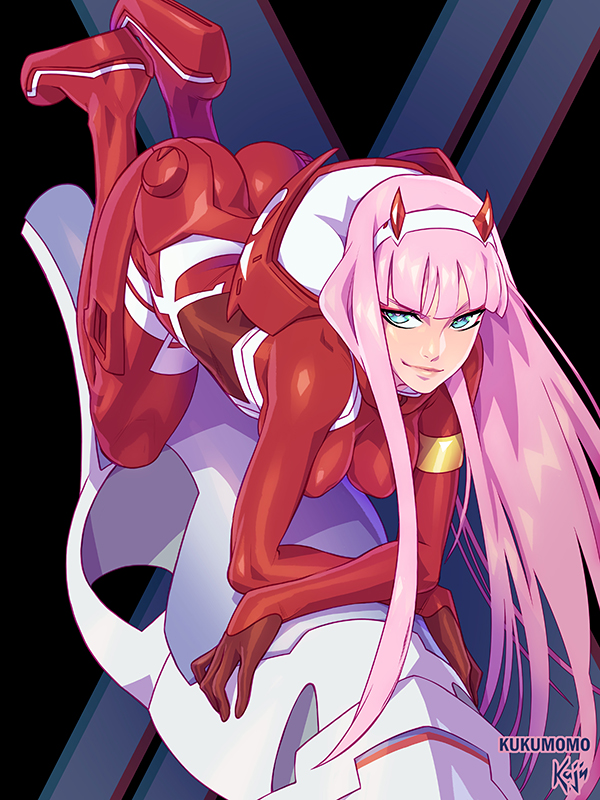 1girl all_fours aqua_eyes ass bodysuit breasts closed_mouth darling_in_the_franxx hairband horns kajin_(kajinman) lips long_hair looking_at_viewer medium_breasts oni_horns pink_hair red_bodysuit red_horns shiny shiny_clothes shiny_hair shiny_skin smile solo white_hairband zero_two_(darling_in_the_franxx)