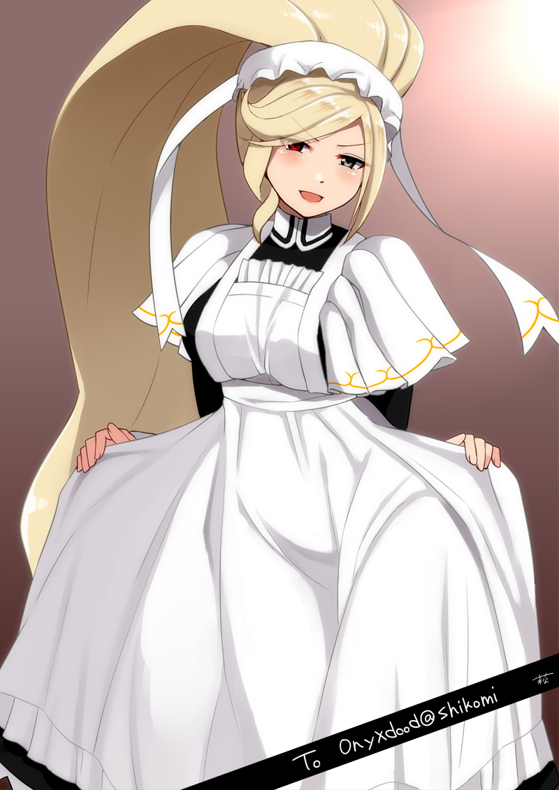 1girl alternate_costume apron blonde_hair blush bonnet capelet commentary_request curtsey english_text enmaided grey_eyes head_tilt heterochromia high_ponytail hilda_(under_night_in-birth) long_hair looking_at_viewer maid maid_apron open_mouth red_eyes solo suzuna_(najaran) under_night_in-birth very_long_hair